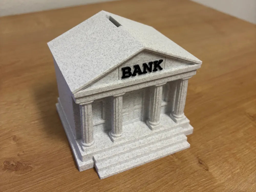 Bank Spardose – Vorderansicht mit BANK-Schriftzug und Säulen