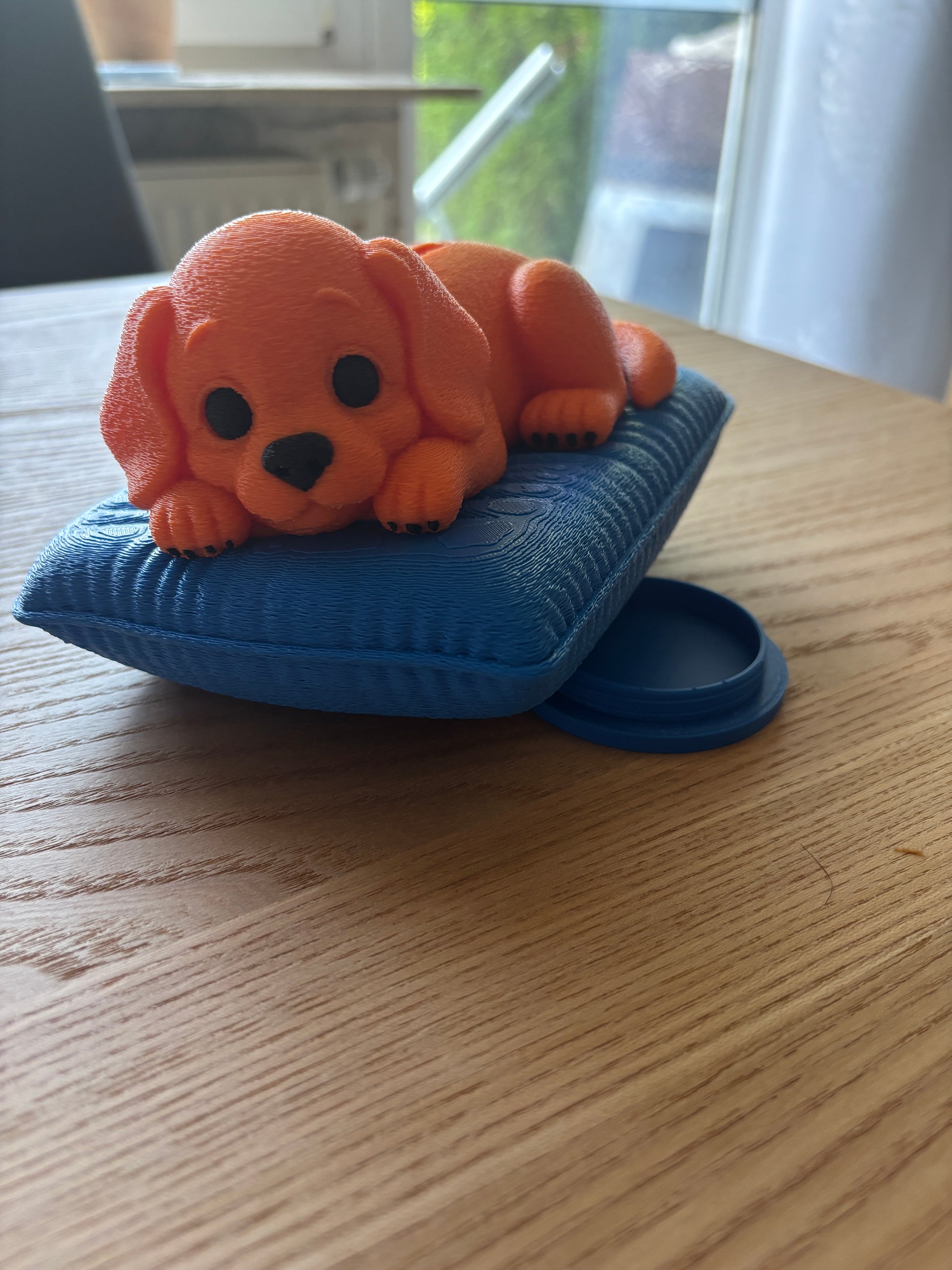 Hunde Spardose – Vorderansicht schlafender Welpe auf blauem Kissen